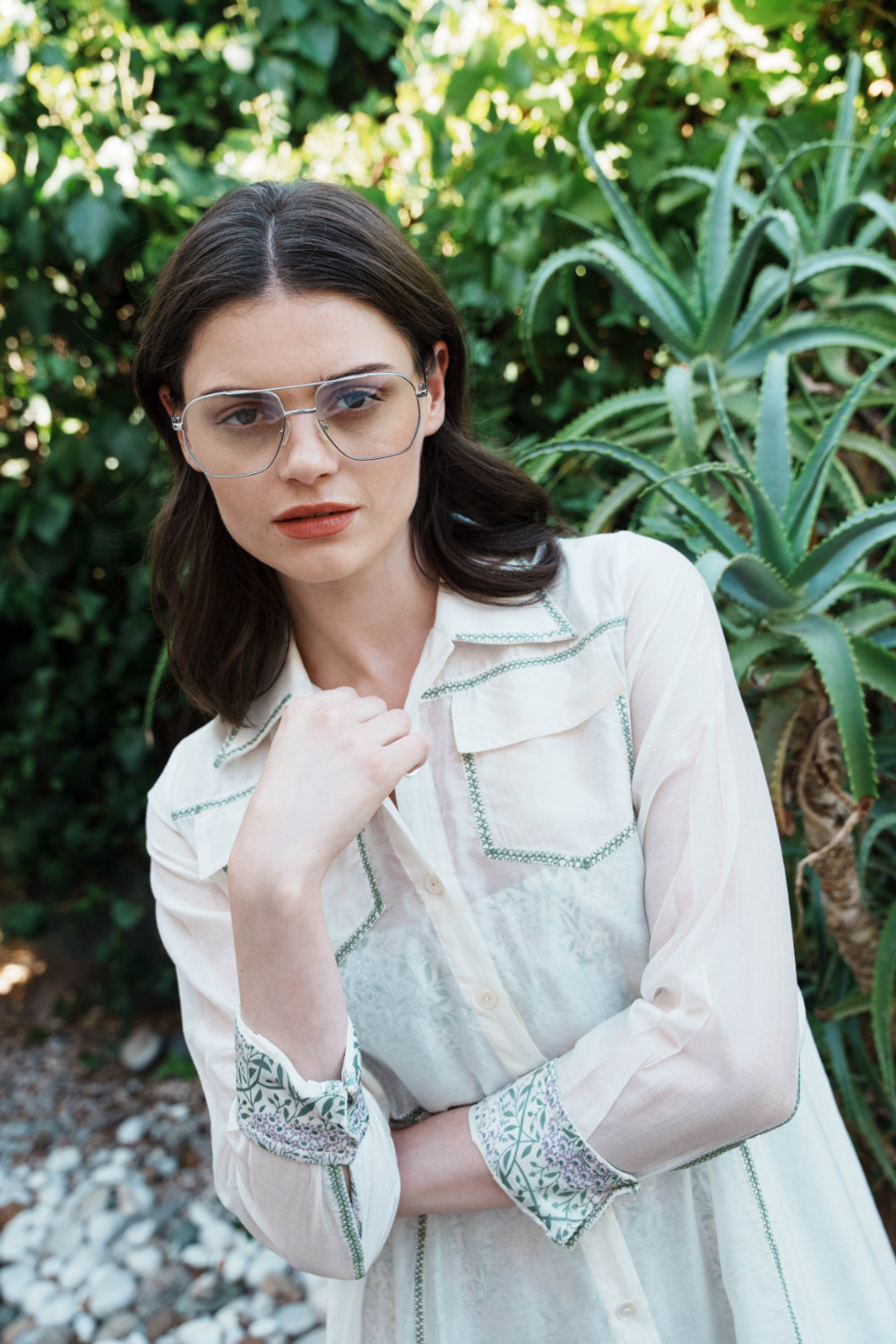 Bone chanderi embroidered shirt dress with Green and lilac printed satin dress