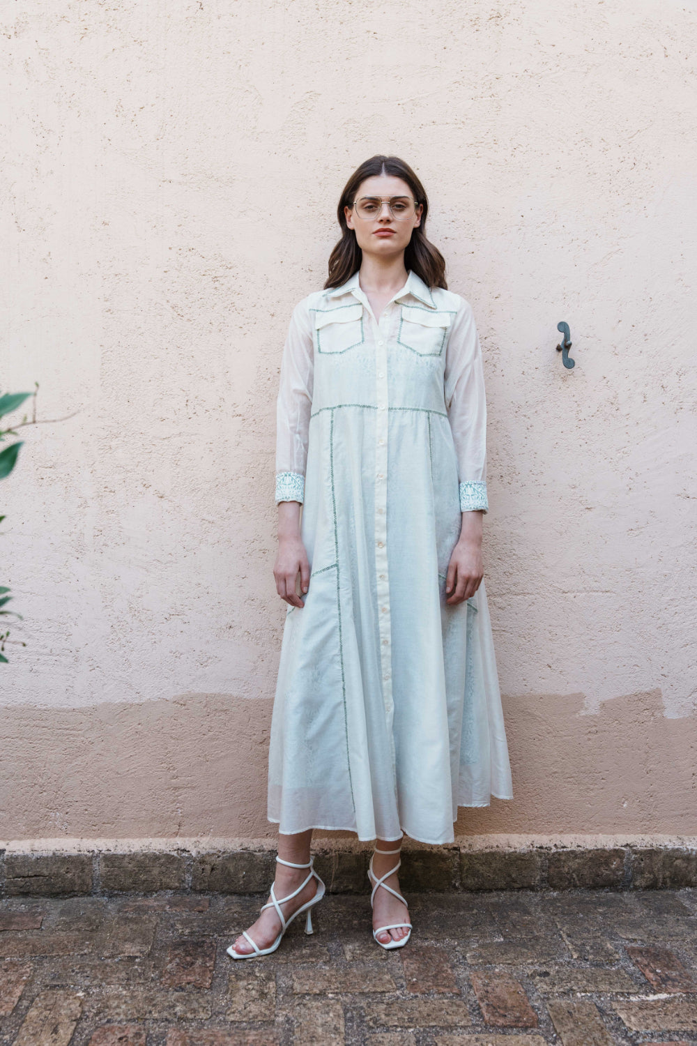 Bone chanderi embroidered shirt dress with Green and lilac printed satin dress