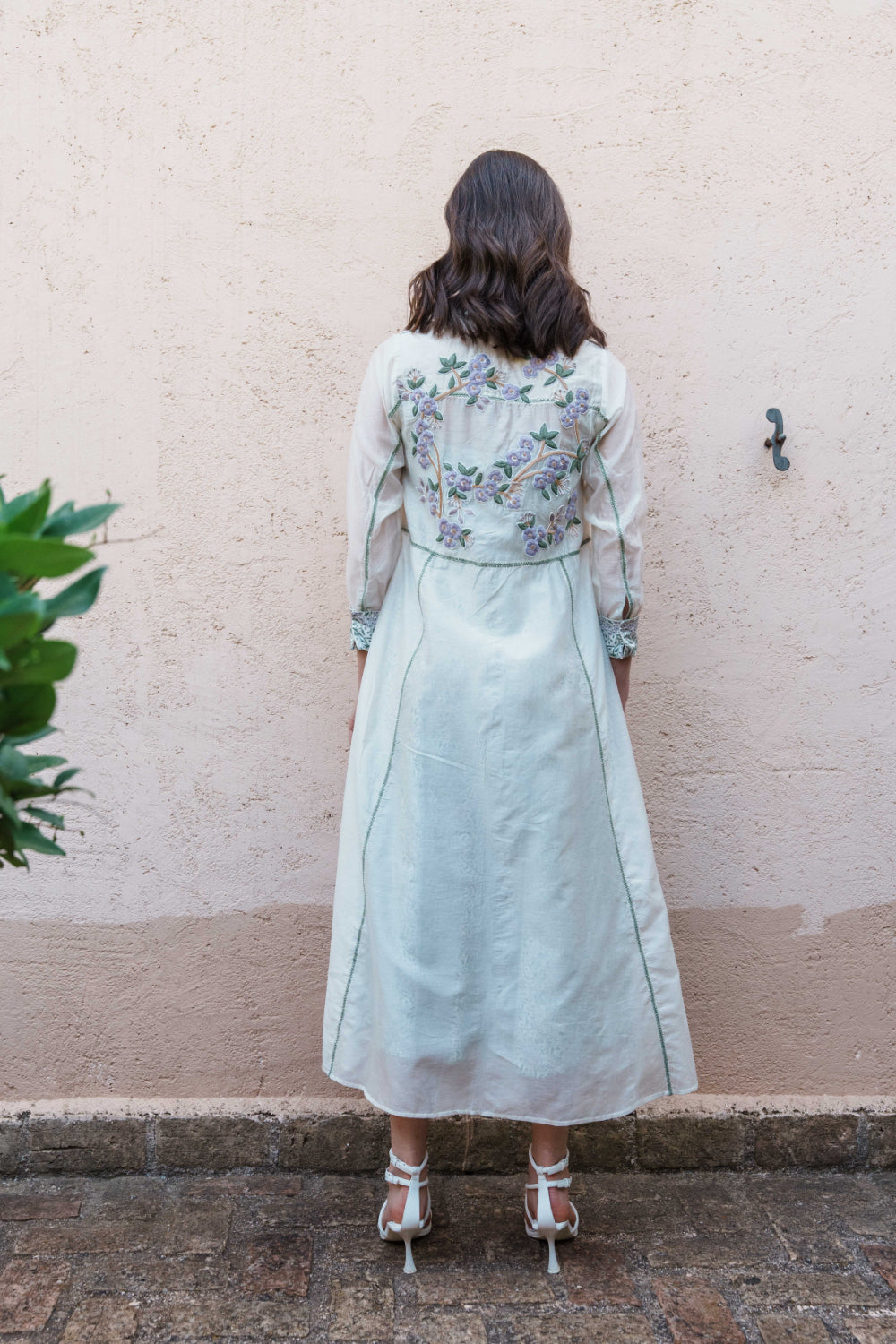 Bone chanderi embroidered shirt dress with Green and lilac printed satin dress