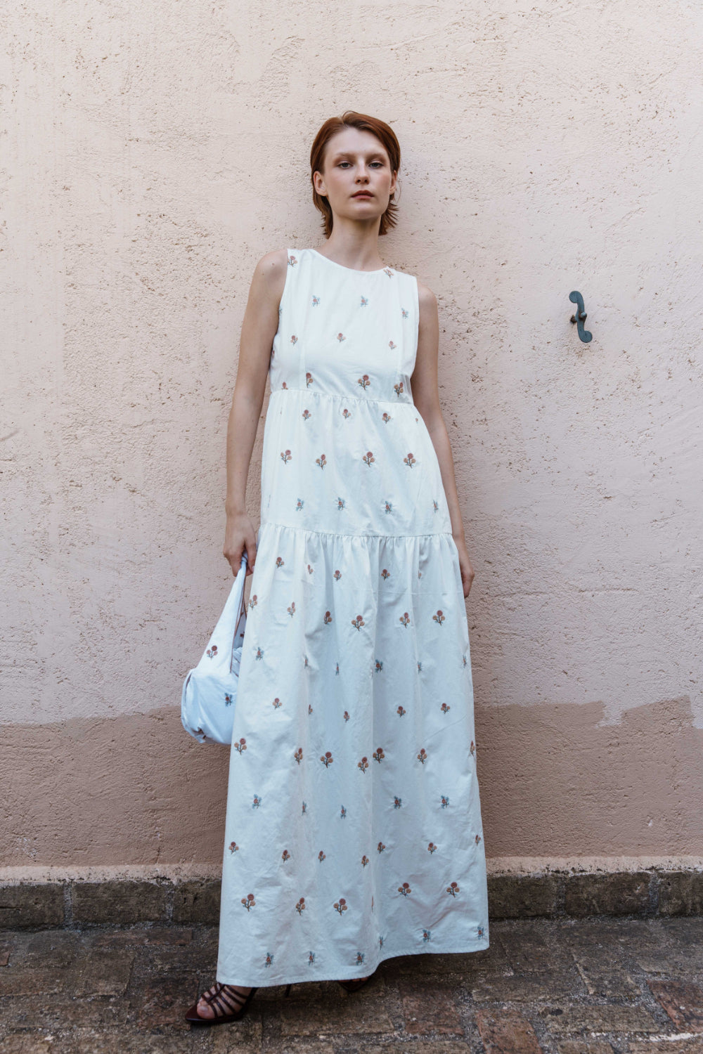 White ditsy embroidered poplin maxi