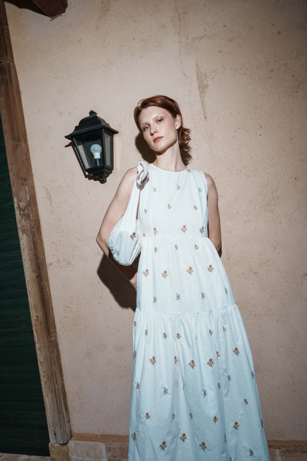 White ditsy embroidered poplin maxi