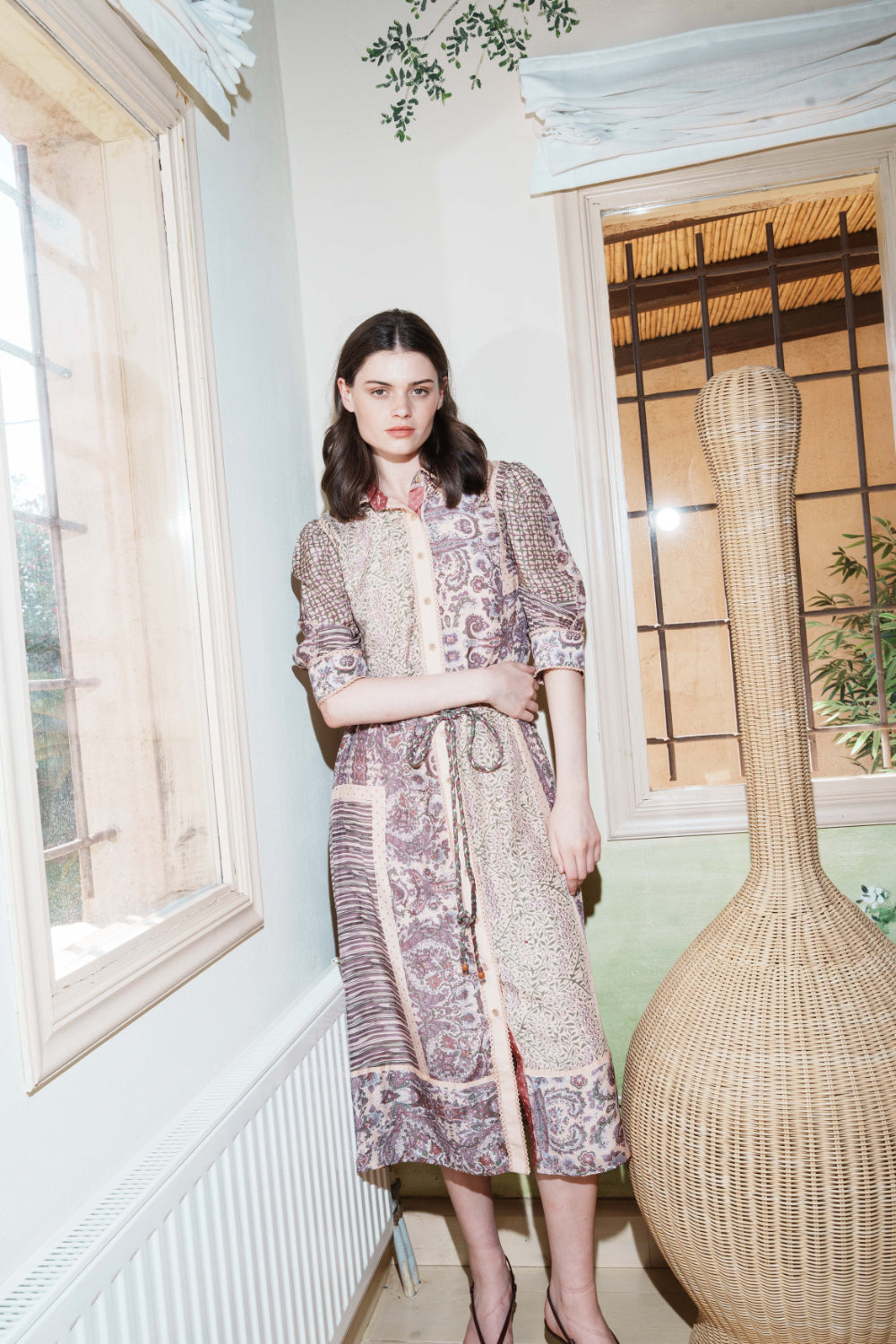 Salmon splcied multi-printed shirt dress with belt