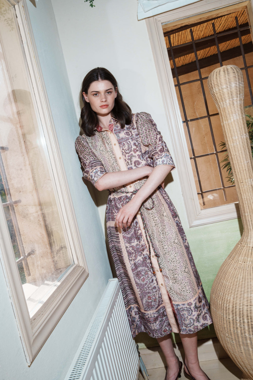 Salmon splcied multi-printed shirt dress with belt