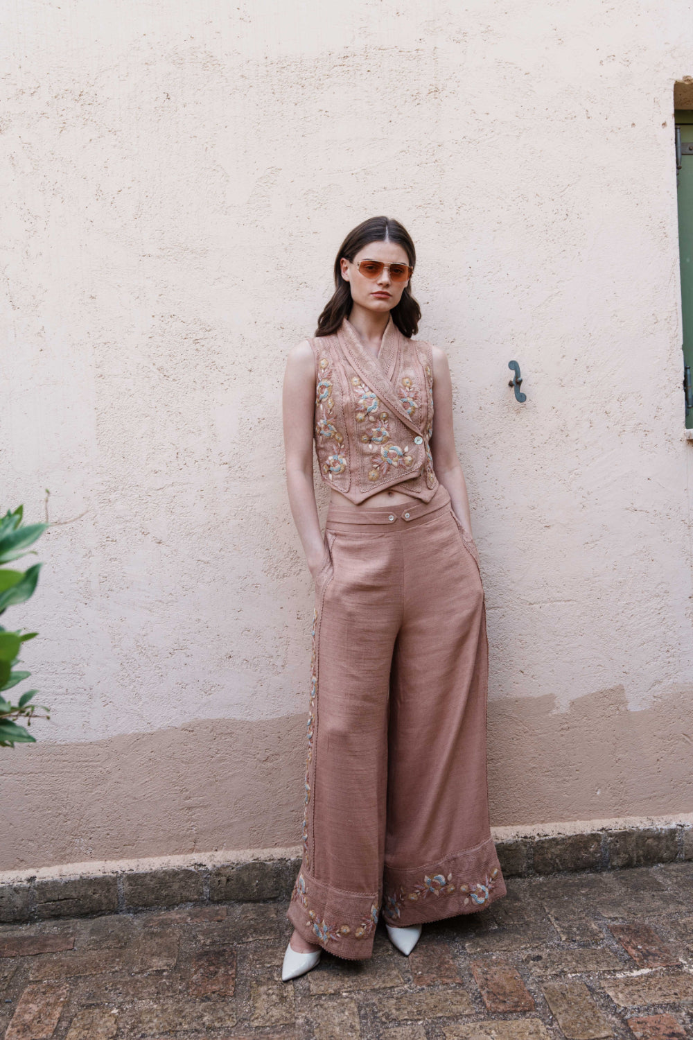 Nude textured fabric embroidered waist coat with pants