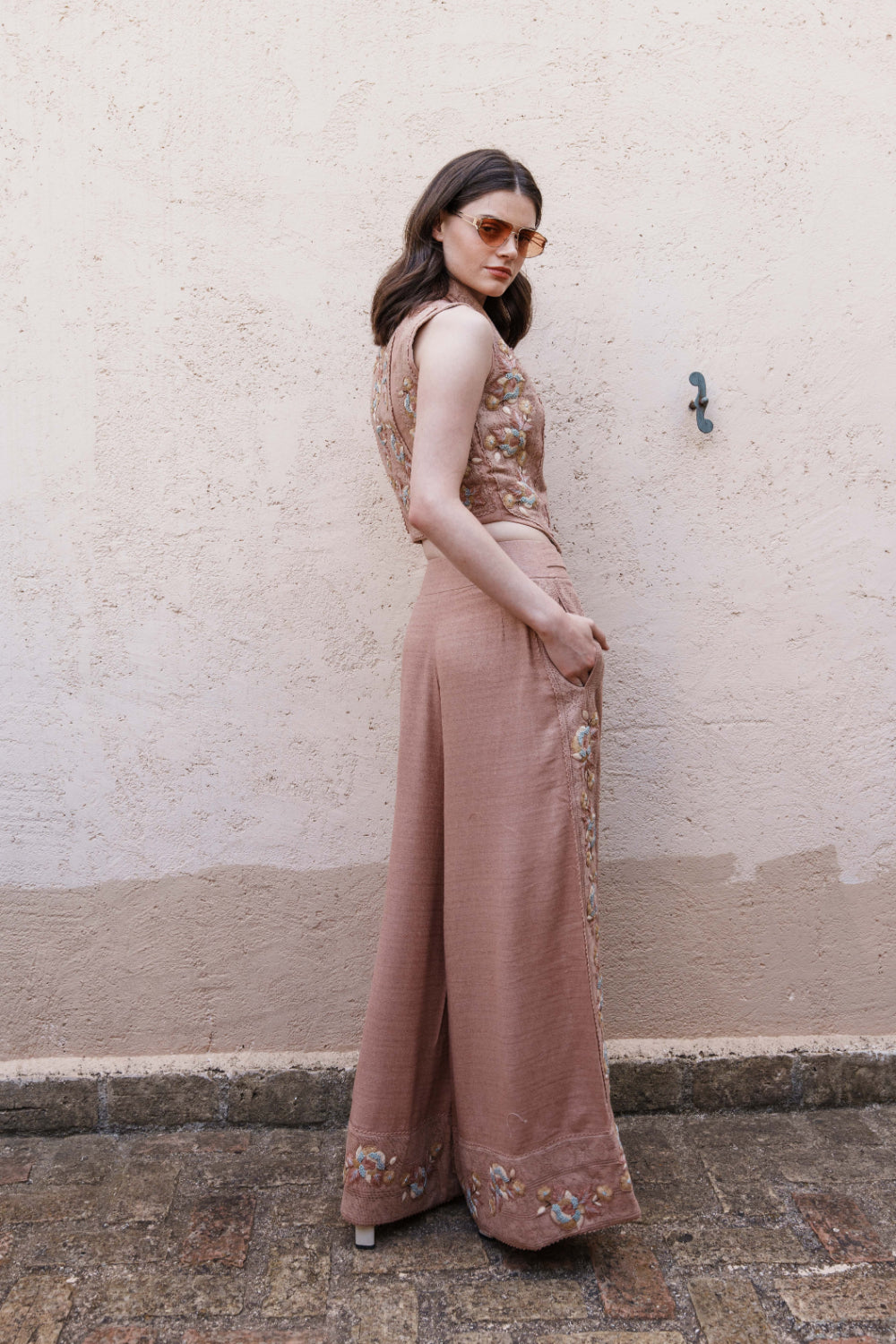 Nude textured fabric embroidered waist coat with pants