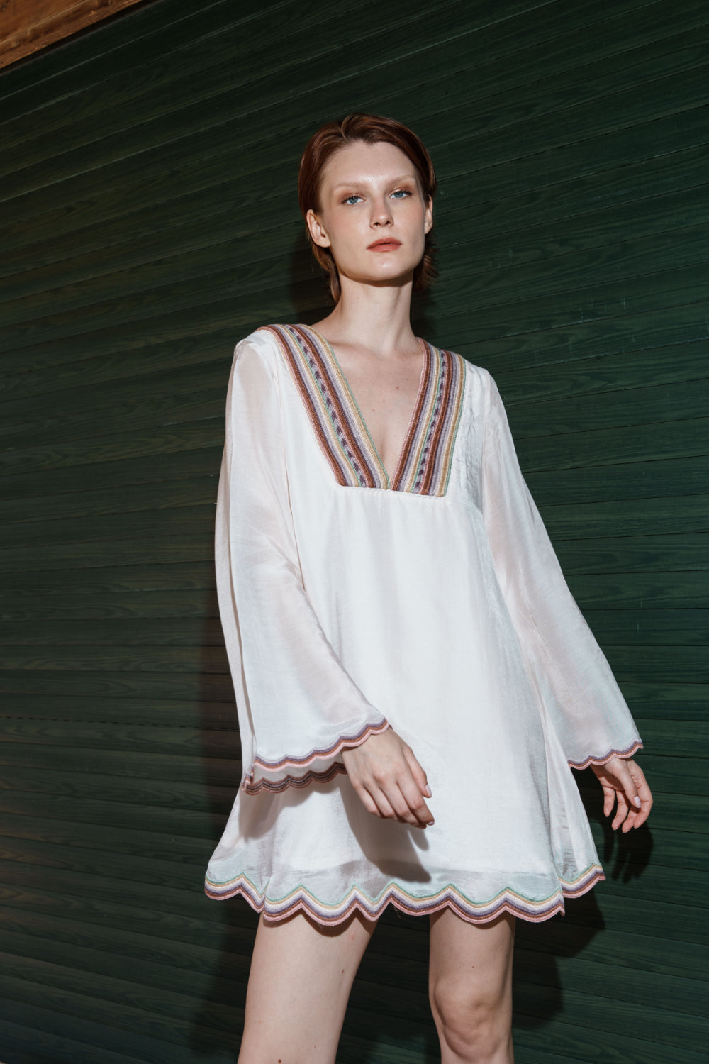 Pink mul embroidered scallop mini dress