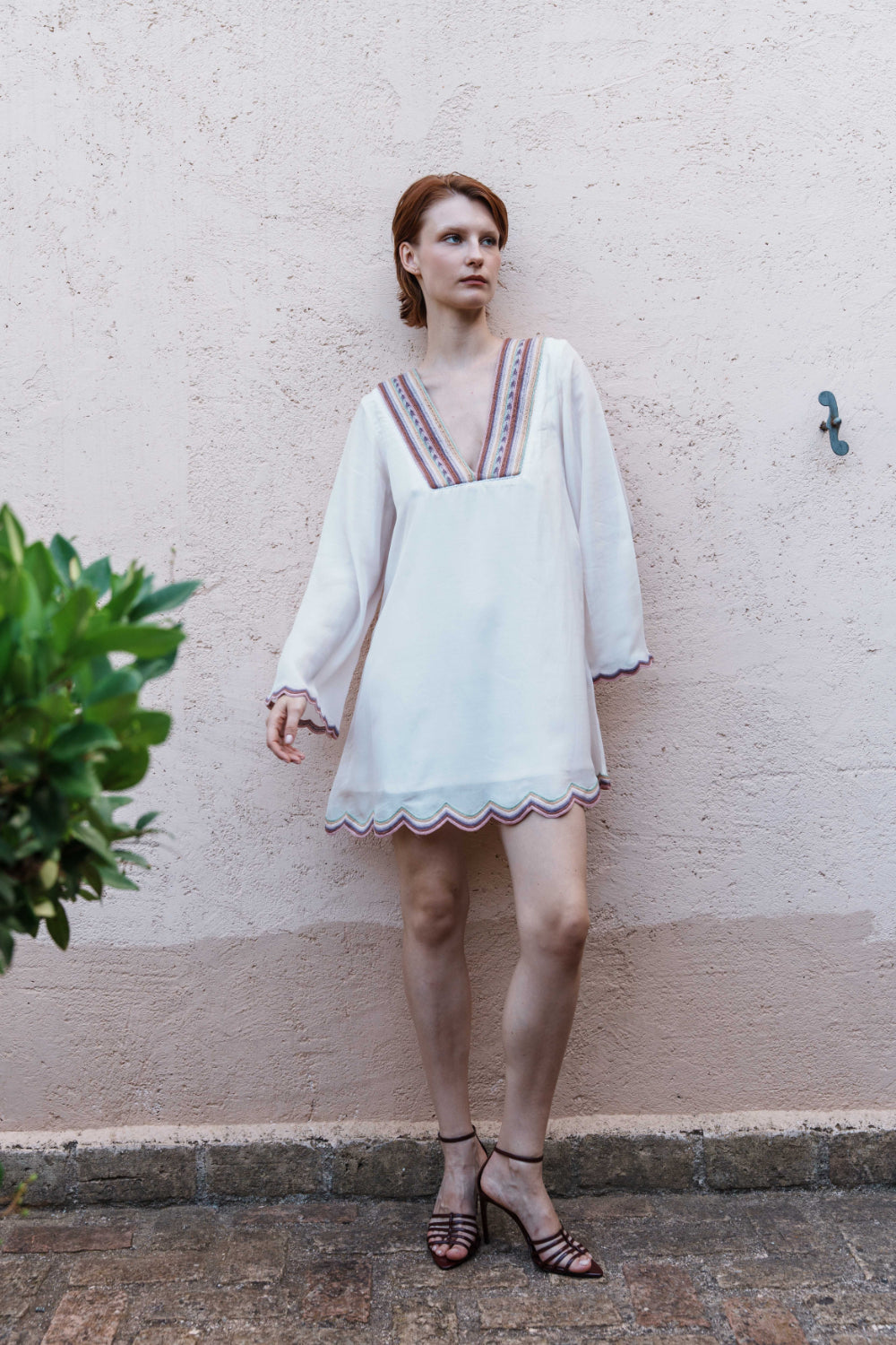 Pink mul embroidered scallop mini dress