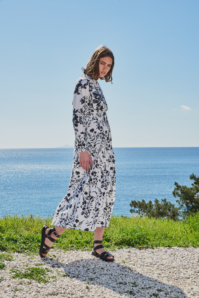 Black and white leaf printed shirt dress with back cutout and tie up collar details with belt