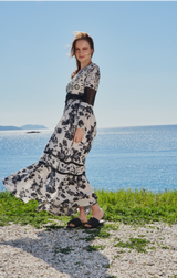 Black white floral/leaf printed tiered dress with cord work embroidered yoke