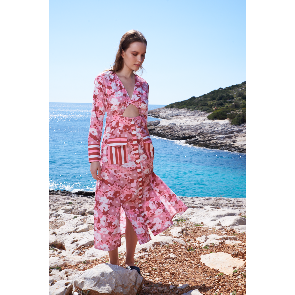 Pastel floral printed dress with cutout