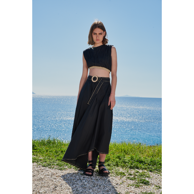 Black poplin asymetrical skirt with chawal taka hemline and belt paired with ruched crop top
