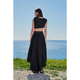 Black poplin asymetrical skirt with chawal taka hemline and belt paired with ruched crop top