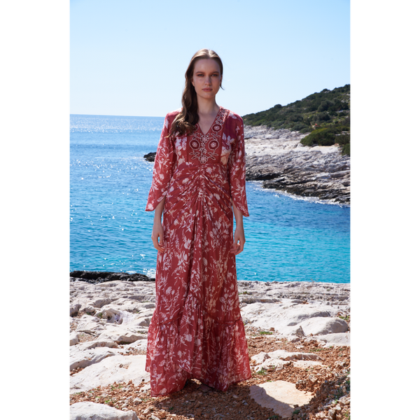 Astro dust leaf/ floral printed ruched dress with cord embroidery
