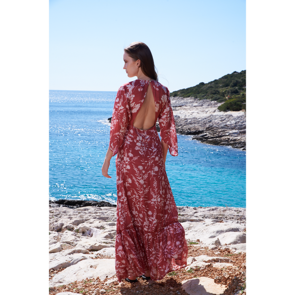 Astro dust leaf/ floral printed ruched dress with cord embroidery