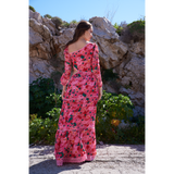 Bright floral printed tiered maxi with cutout at waist