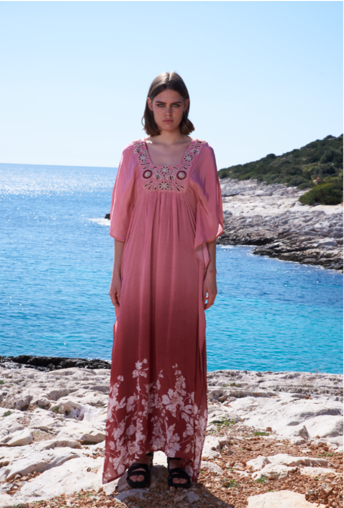 Astro dust ombre printed kaftan with cord work emb yoke