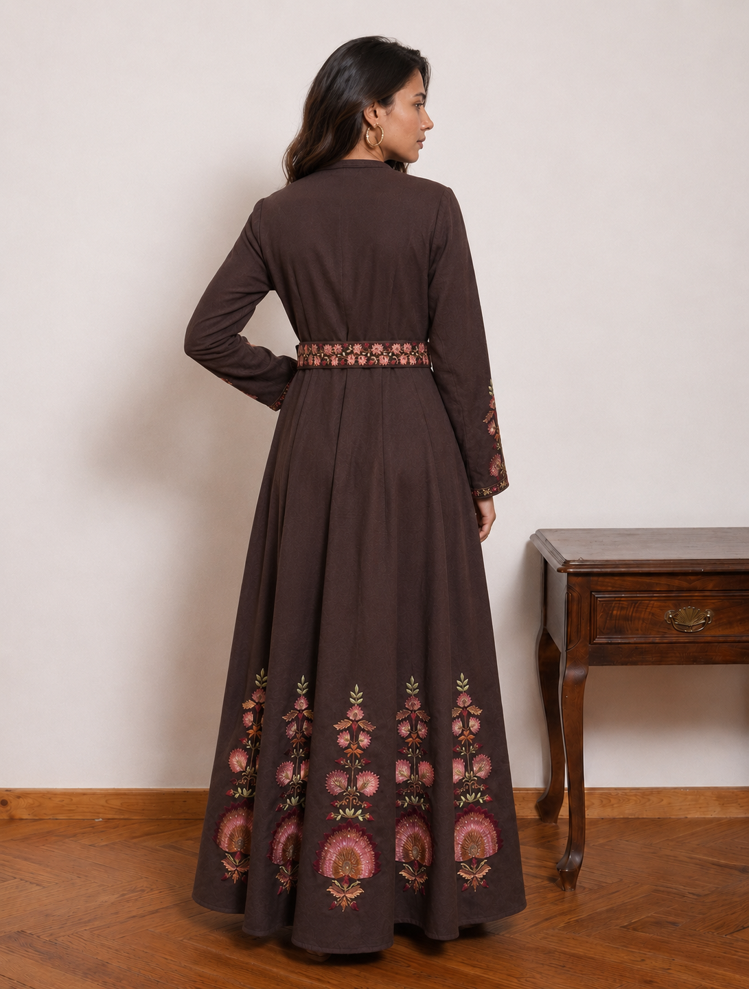 Brown Embroidered Shirt Dress