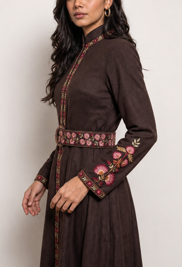 Brown Embroidered Shirt Dress