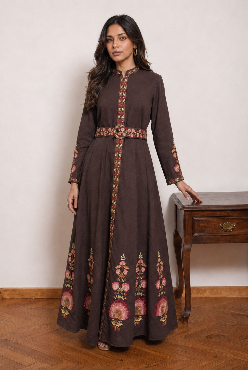 Brown Embroidered Shirt Dress