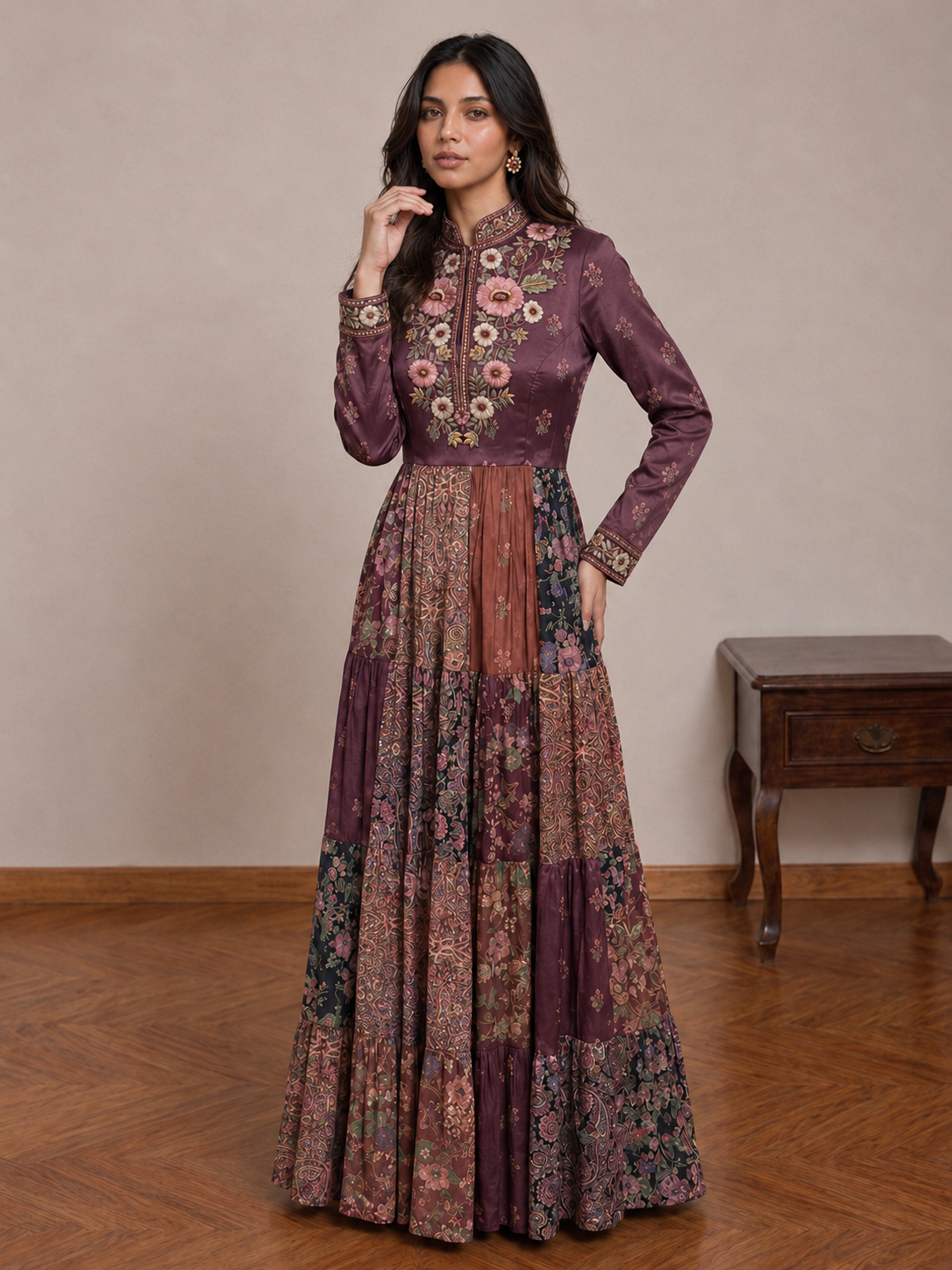 Plum Embroidered Tiered Dress