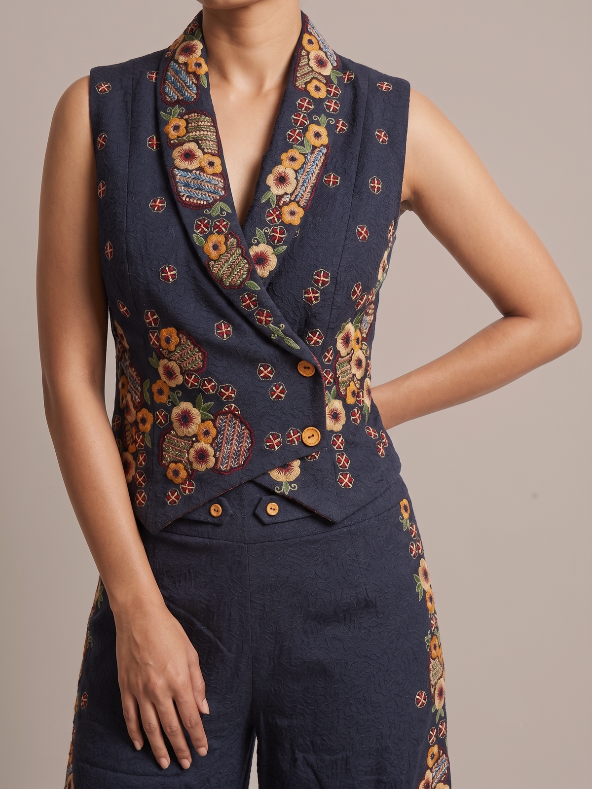 Navy Blue Embroidered Waistcoat