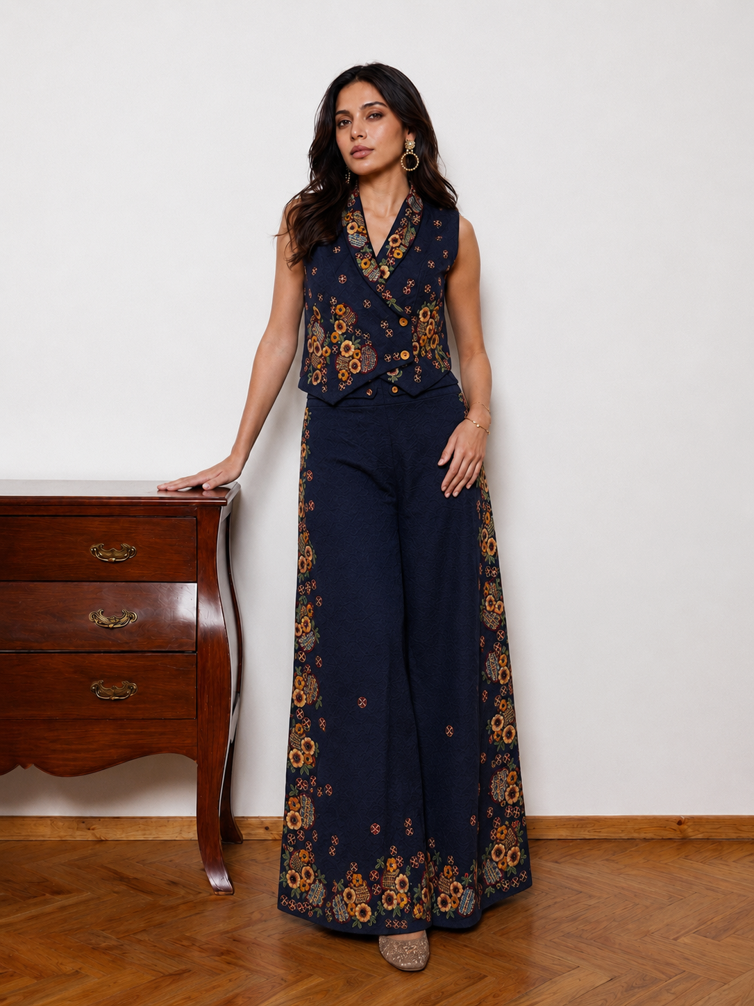 Navy Blue Embroidered Pants