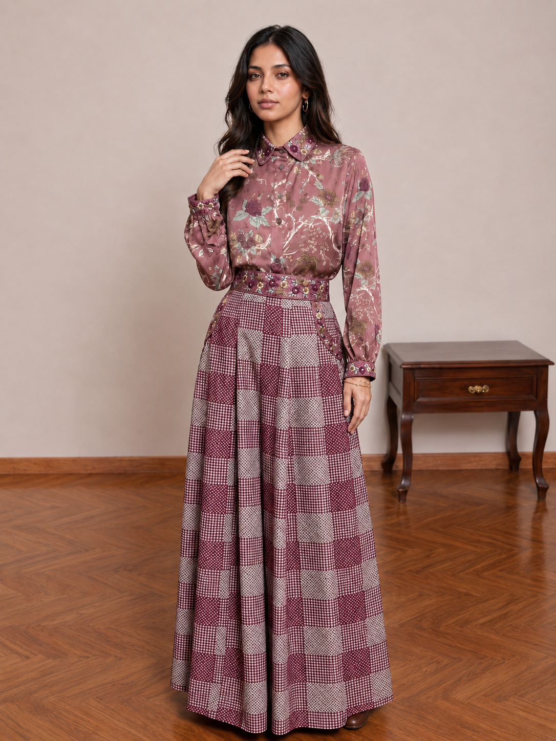 Mauve Chintz Shirt & Checks Kali Pants