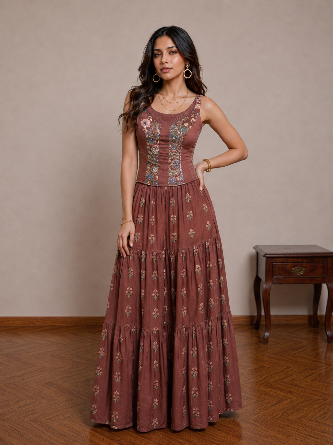 Nude Multiprinted Top & Tiered Pants