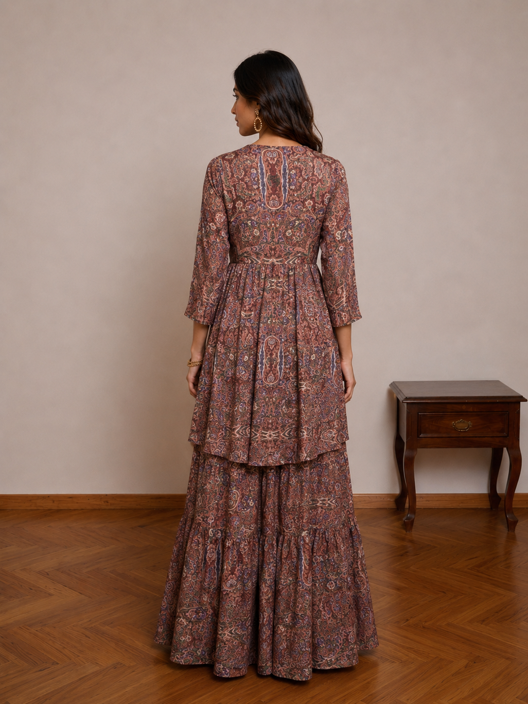 Nude Paisley Overlap Top & Tiered Pants