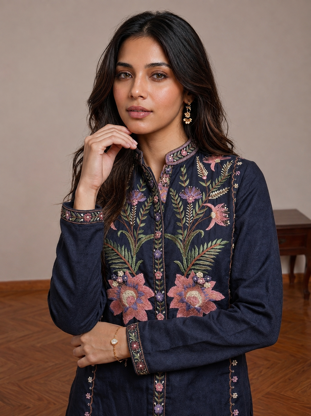 Navy Blue Embroidered Shirt
