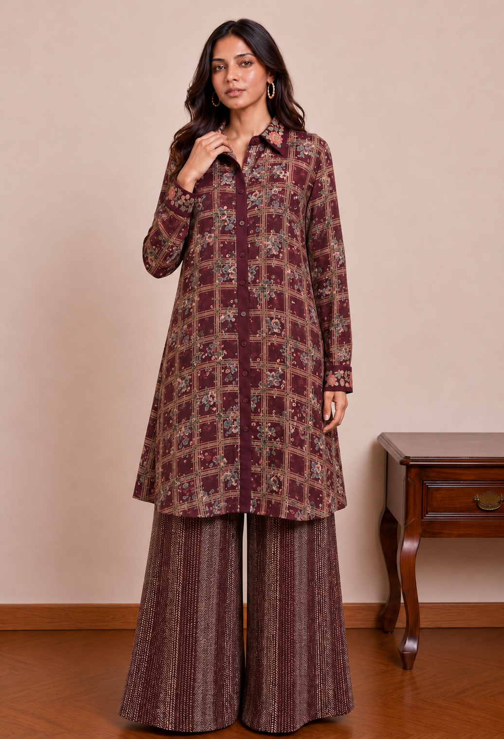 Maroon Checks Chintz Shirt & Pants.