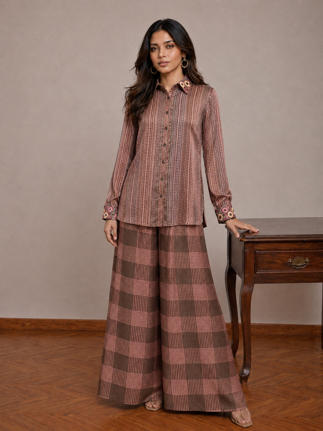 Maroon Embroidered Shirt & Pants