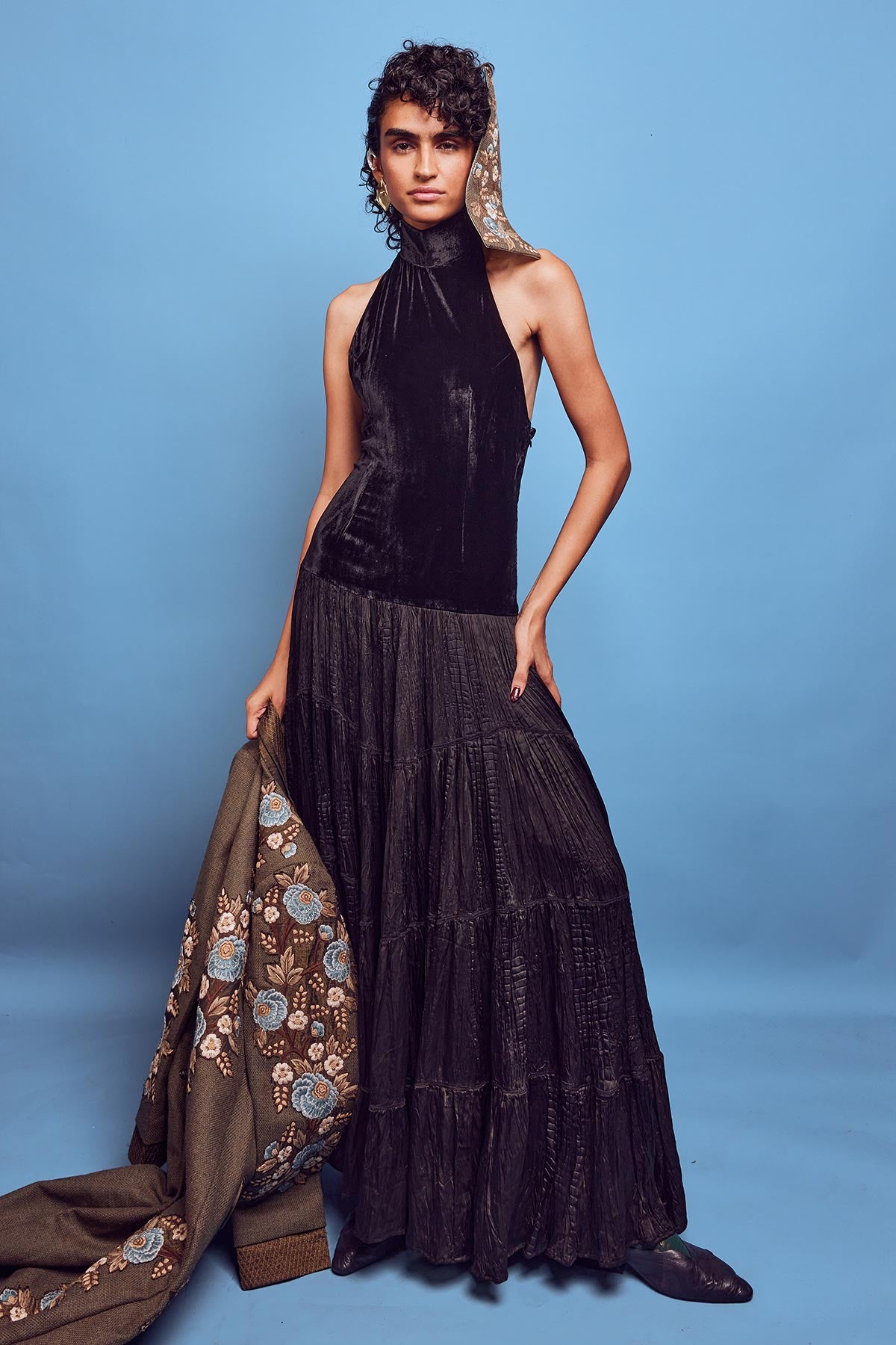 Black halter neck drop waist maxi