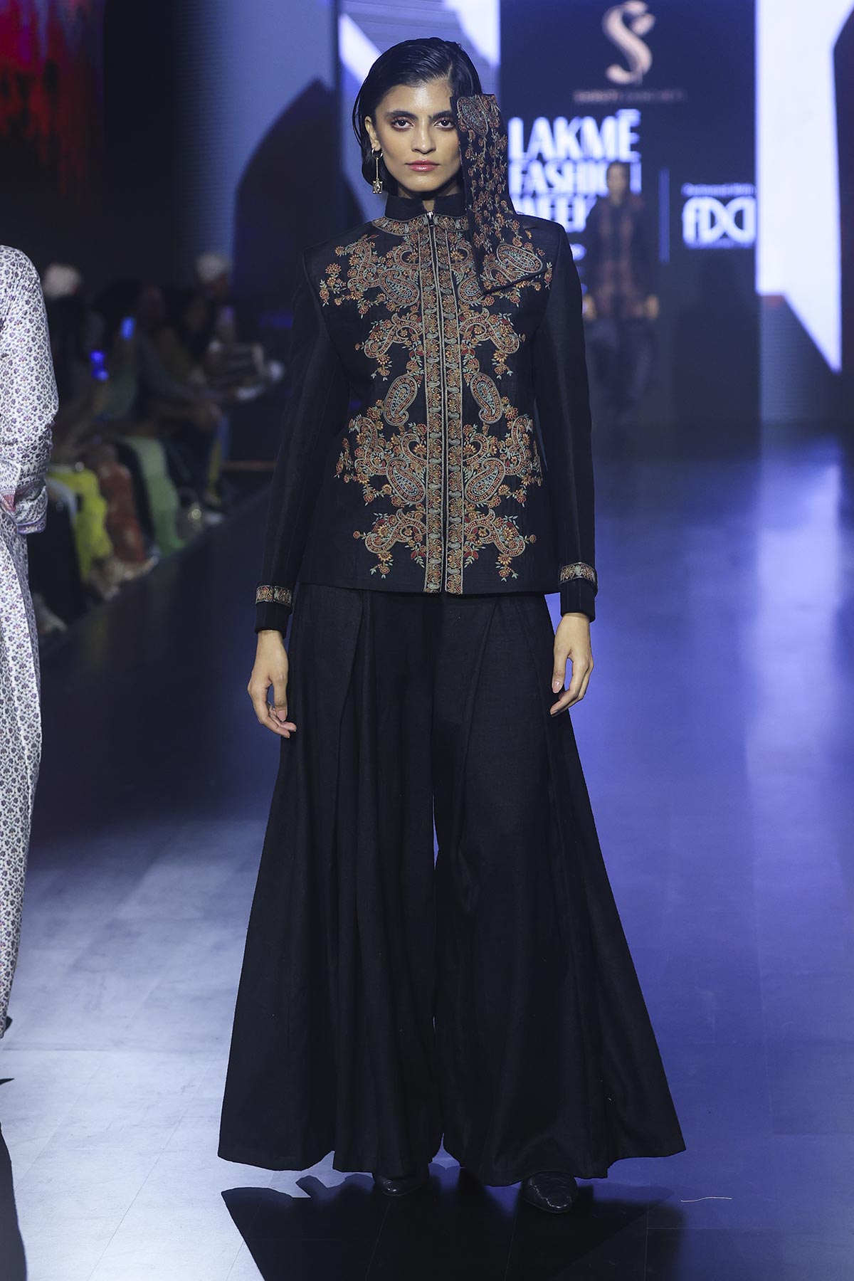 Black raw silk embroidered jacket