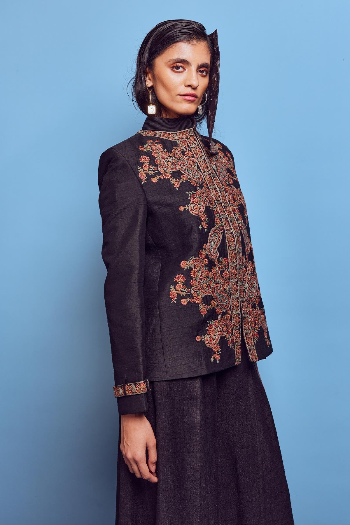 Black raw silk embroidered jacket