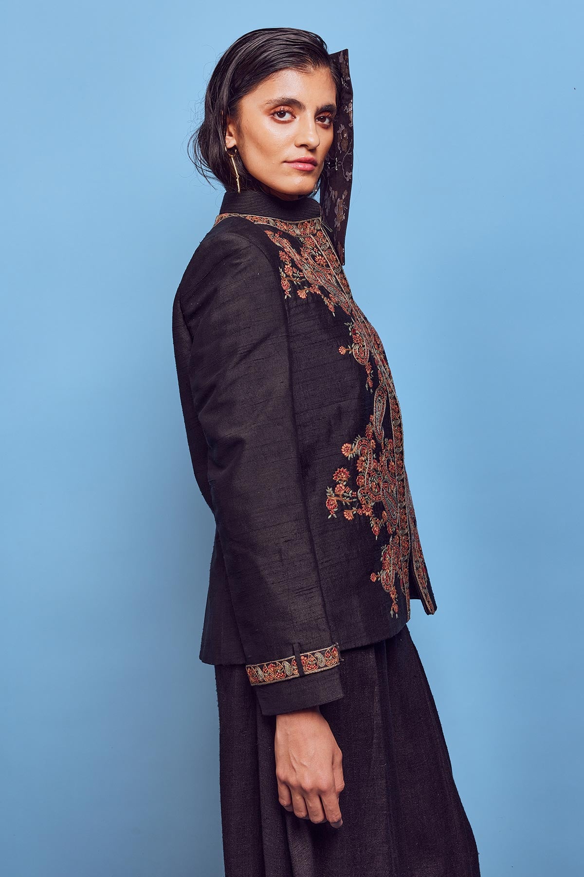 Black raw silk embroidered jacket