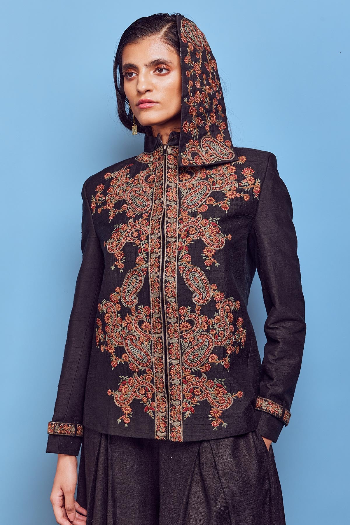 Black raw silk embroidered jacket