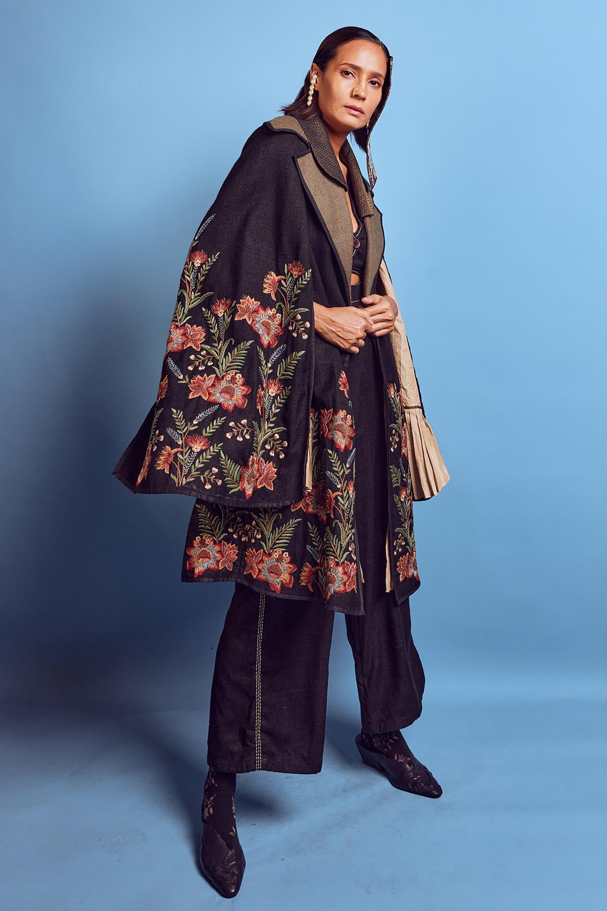 Black embroidered cape