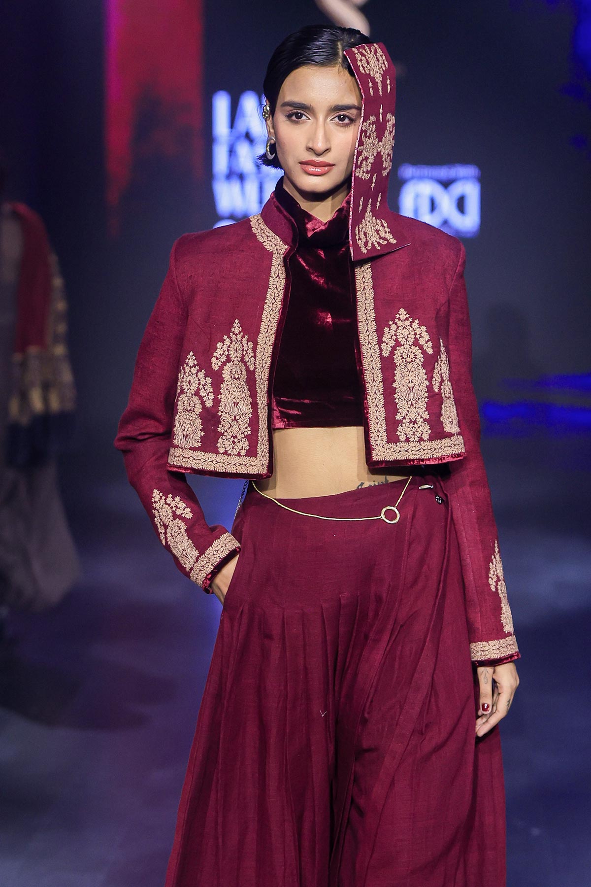 Maroon iktari embroidered crop jacket