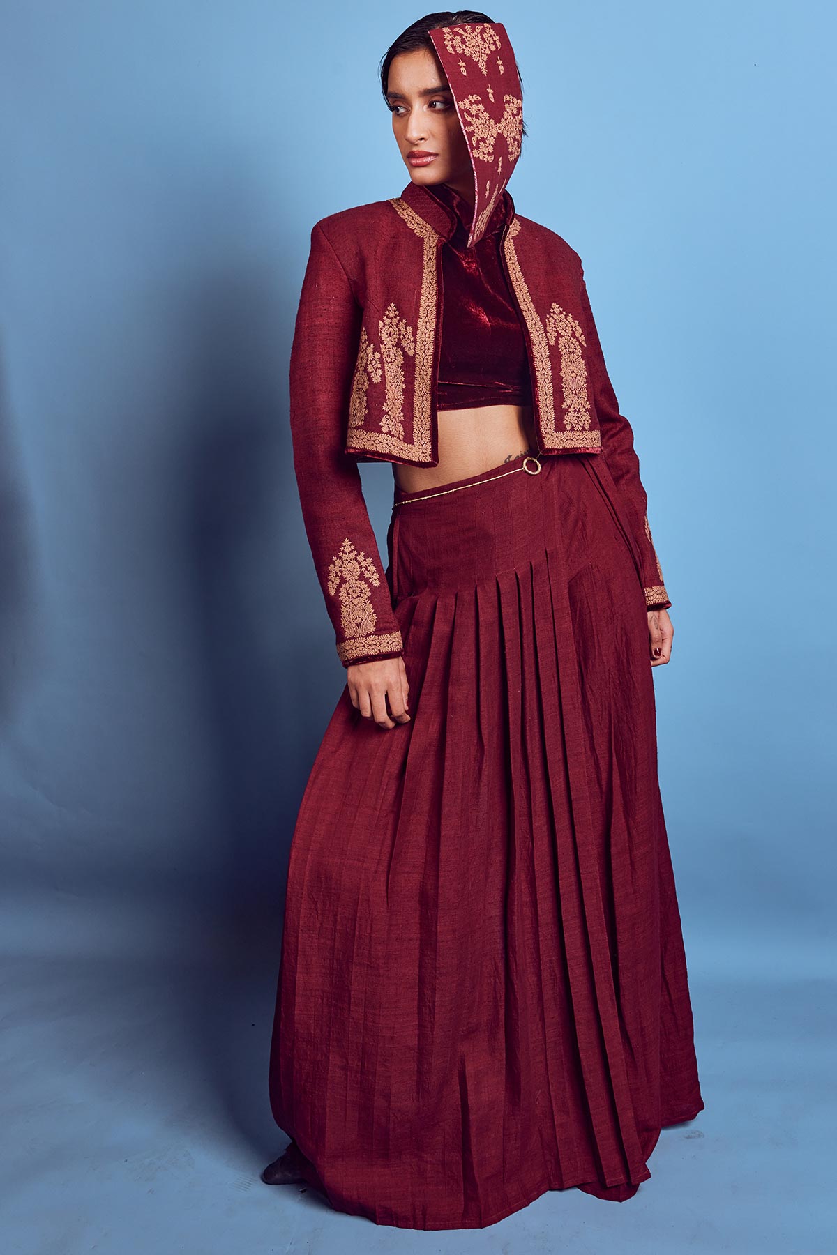 Maroon iktari embroidered crop jacket