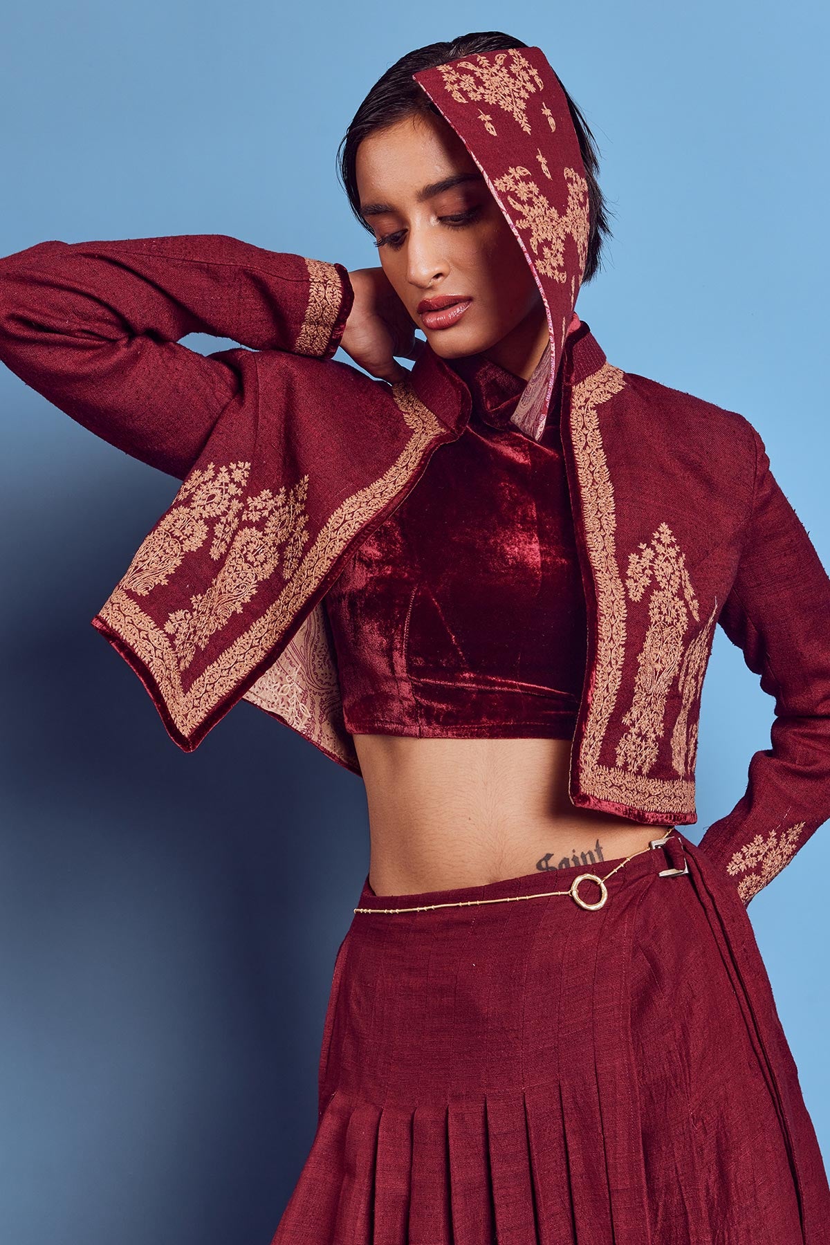 Maroon iktari embroidered crop jacket