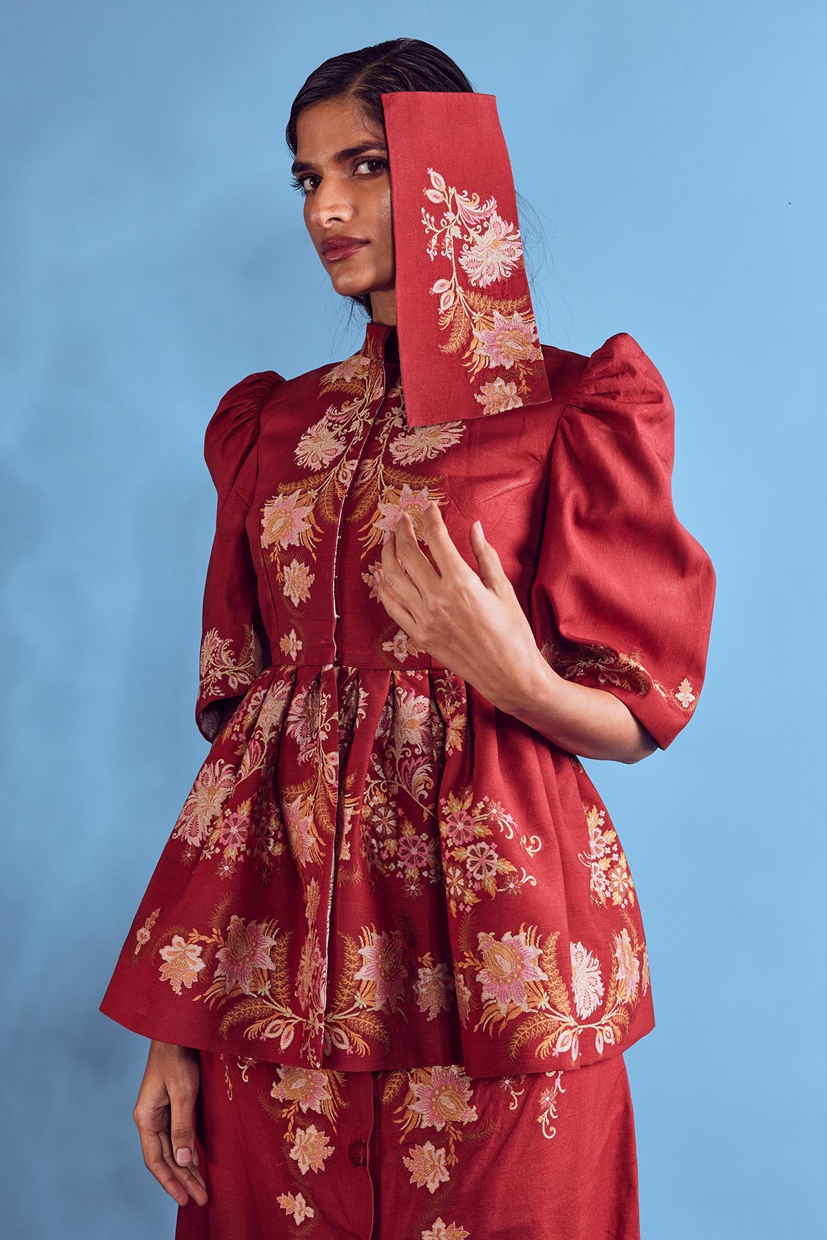 Maroon handloom jamewar peplum top with front open a-line skirt