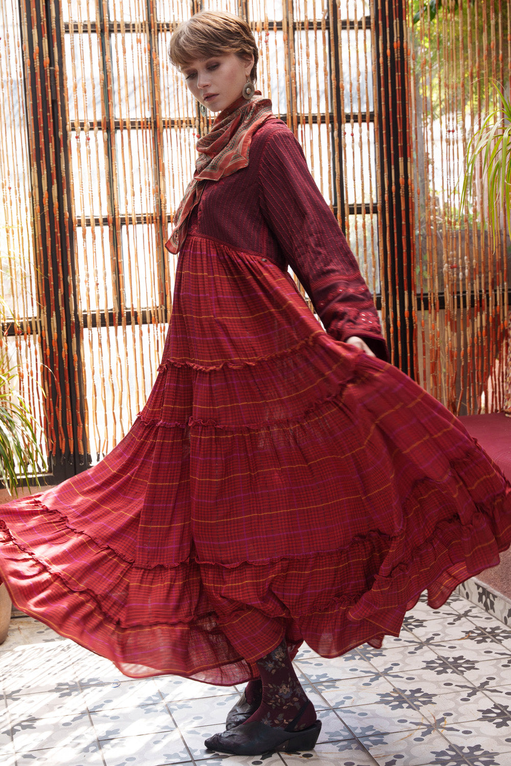 Red Mirror Embroidered Tiered Maxi