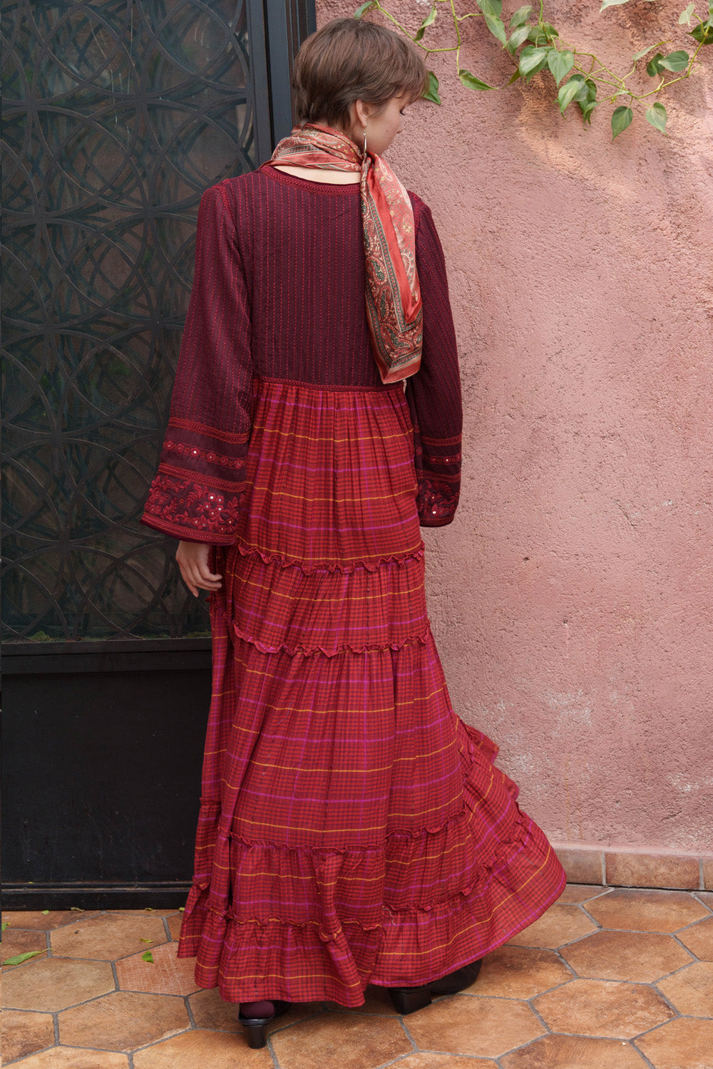 Red Mirror Embroidered Tiered Maxi