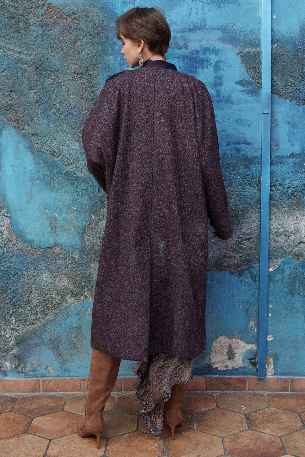 Maroon & black trench coat with floral embroidered applique