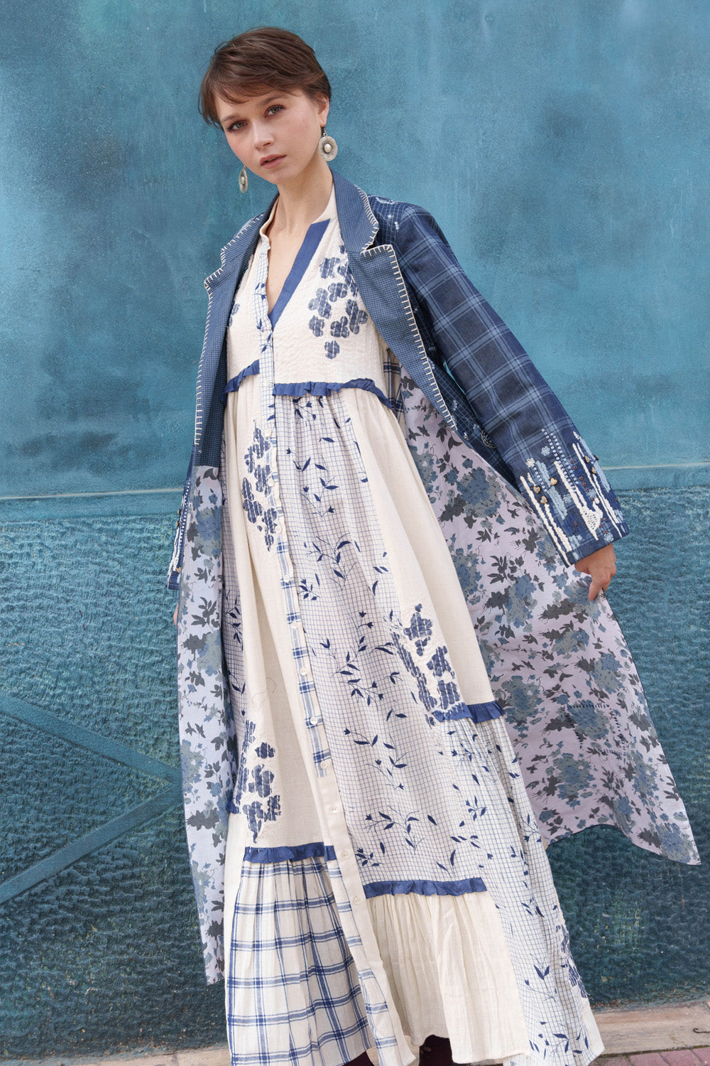 Off white fabric printed and embroidered dress