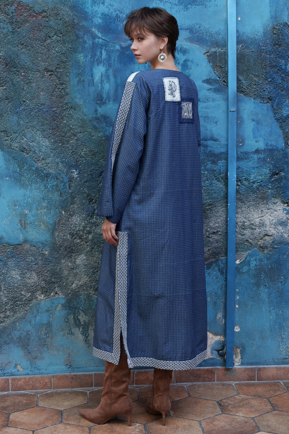 Blue denim kaftan tunic with embroidery yoke
