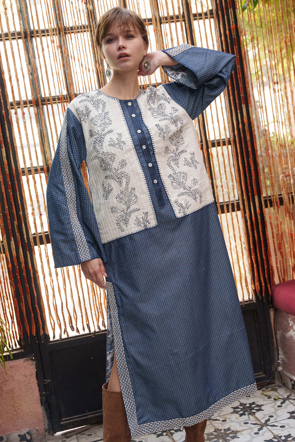 Blue denim kaftan tunic with embroidery yoke
