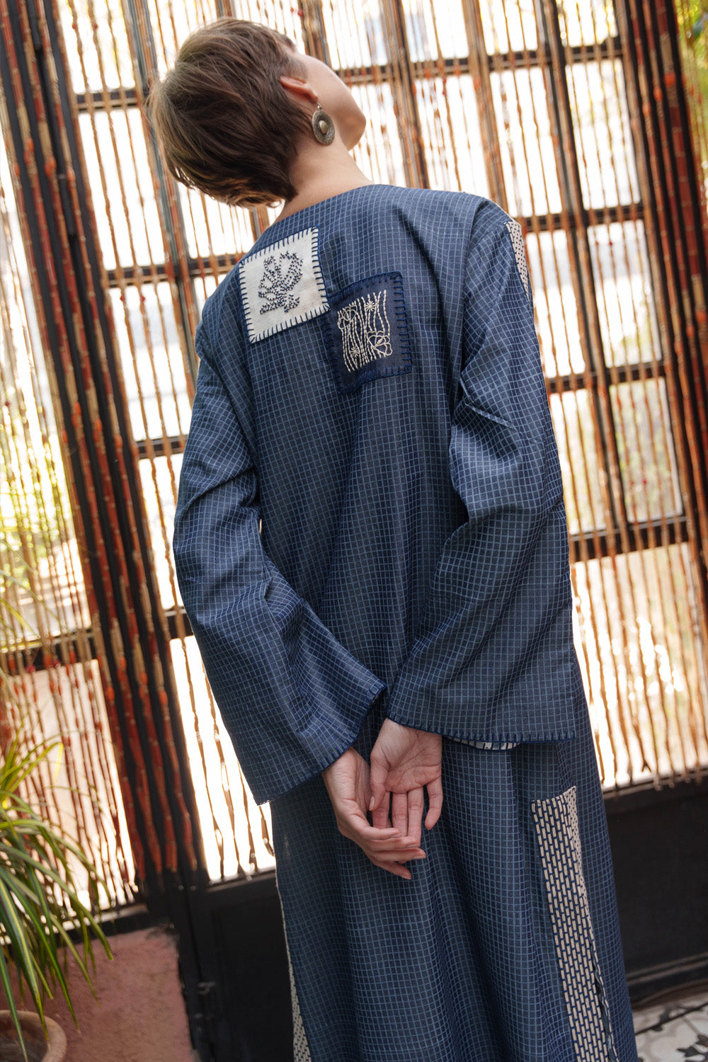 Blue denim kaftan tunic with embroidery yoke