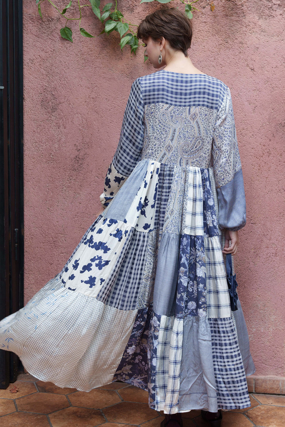 Bone color block multi printed tiered satin dress